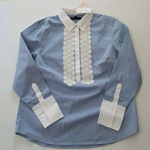 BR Blue pinstripe popover blouse, lace, size PM